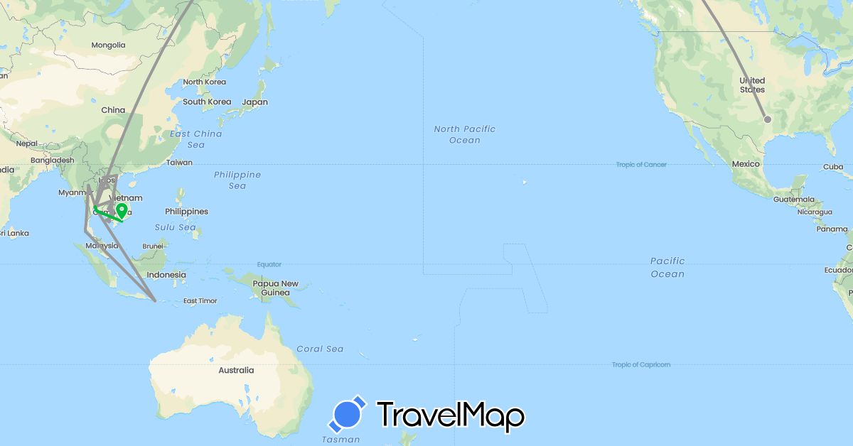 TravelMap itinerary: bus, plane in Indonesia, Cambodia, Laos, Thailand, United States, Vietnam (Asia, North America)