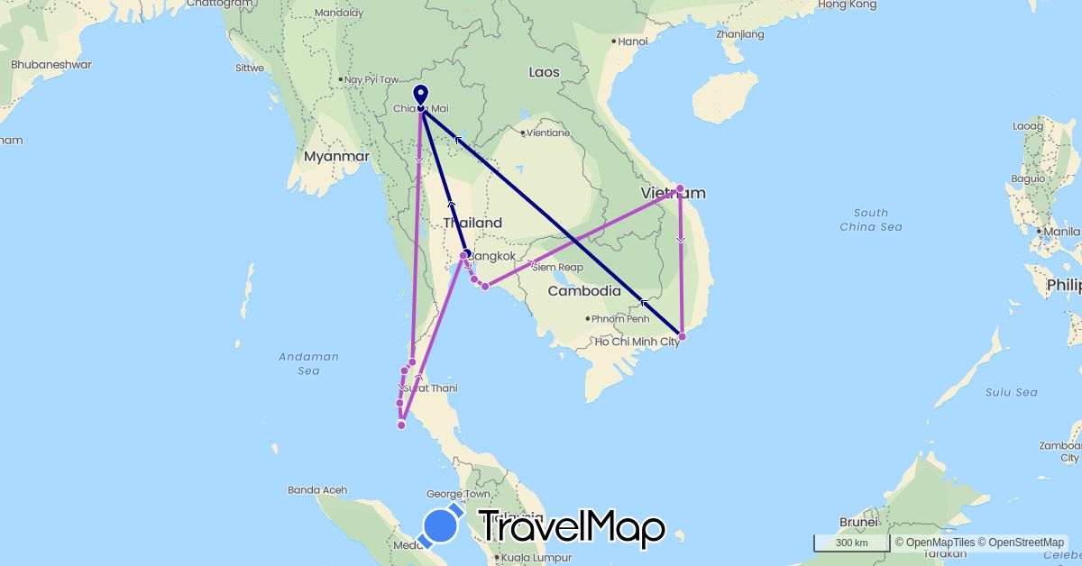 TravelMap itinerary: driving, train in Thailand, Vietnam (Asia)